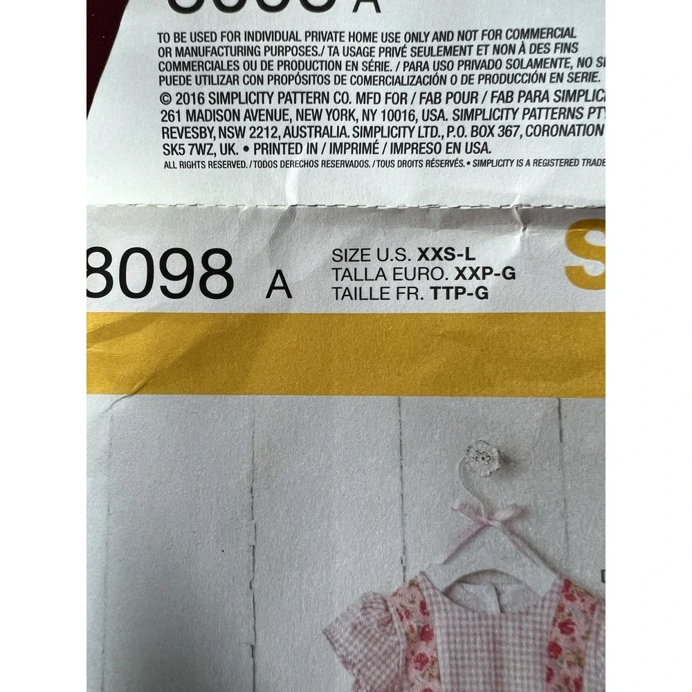 Simplicity 8098A Infant Dress Sundress Jumper Size XXS-L‎ Unused